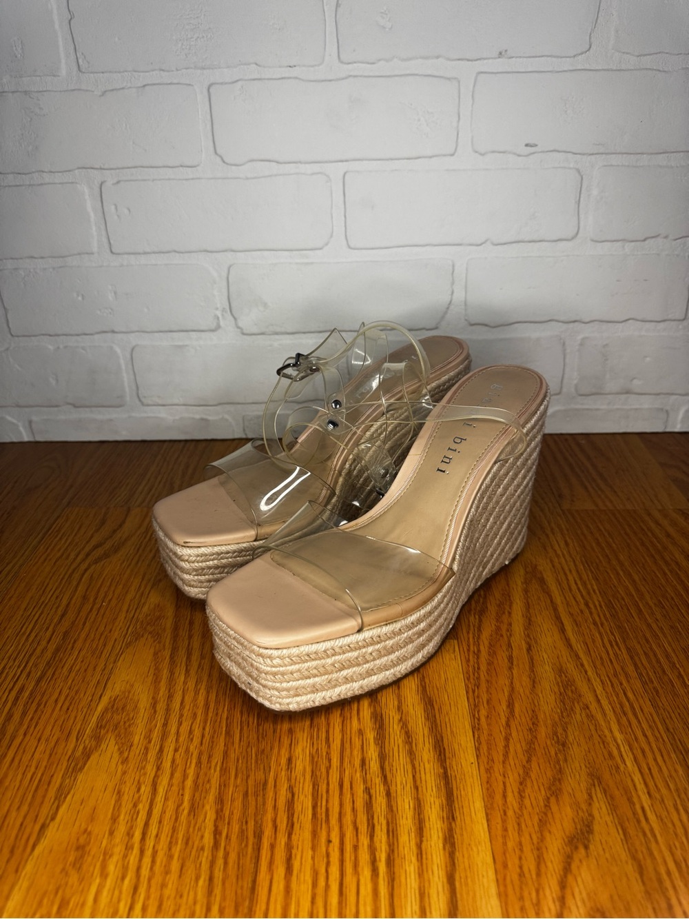 Gianni Bini Clear Strap Beige Espadrille Wedge Sandals